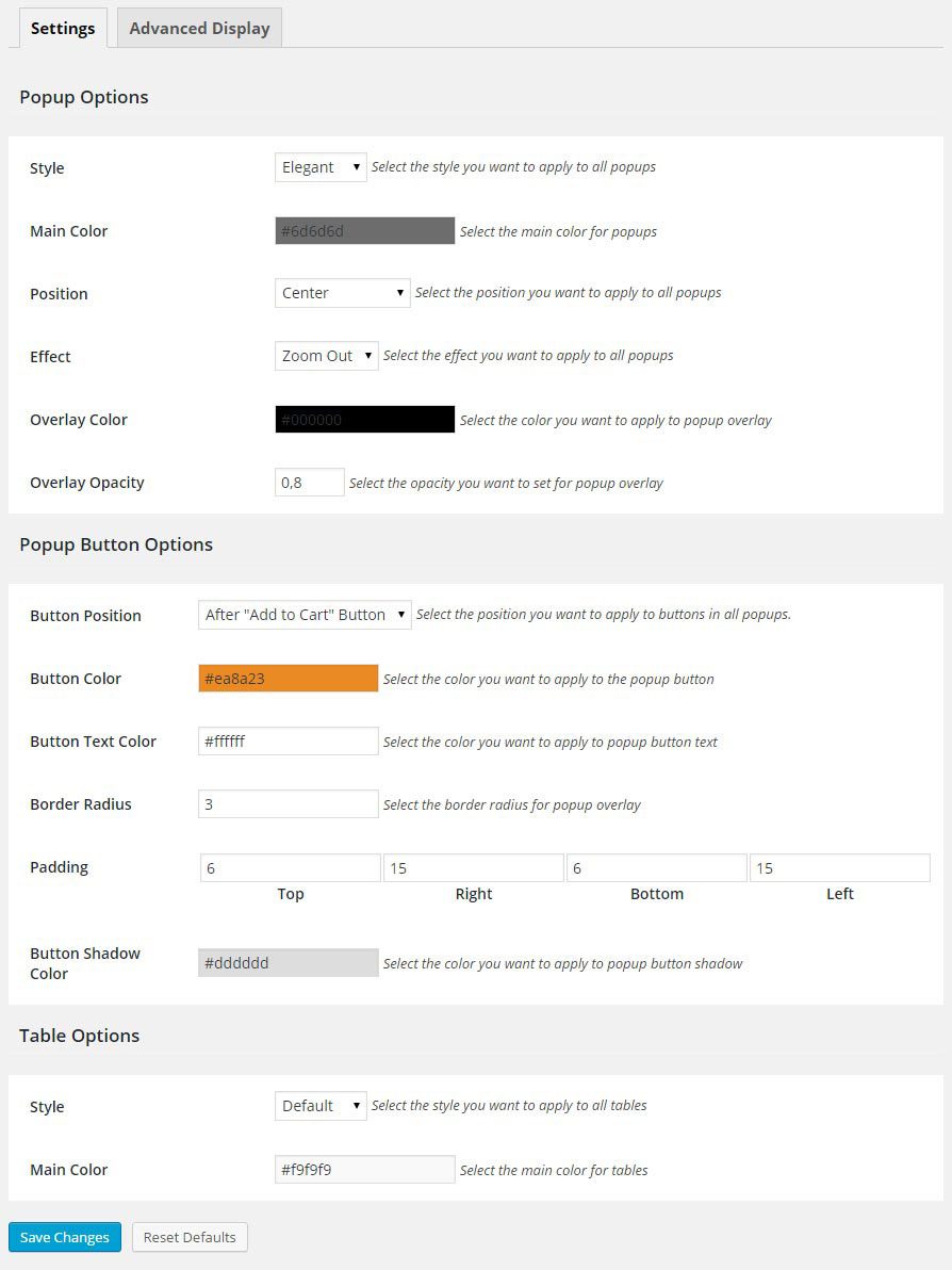 tính năng YITH Product Size Charts for WooCommerce 