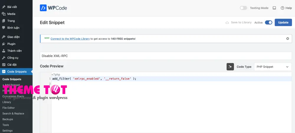 dùng wpcode tắt XML-RPC