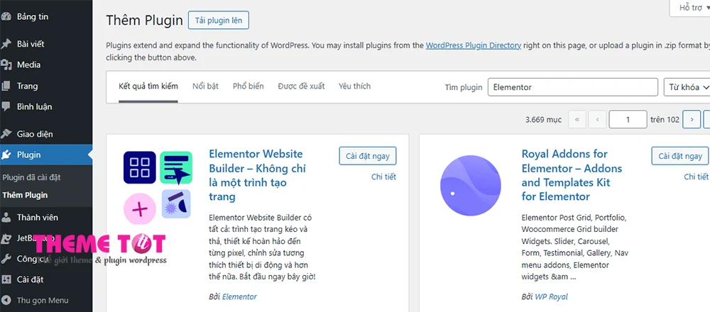 tìm kiếm plugin elementor trong thư viện wordpress